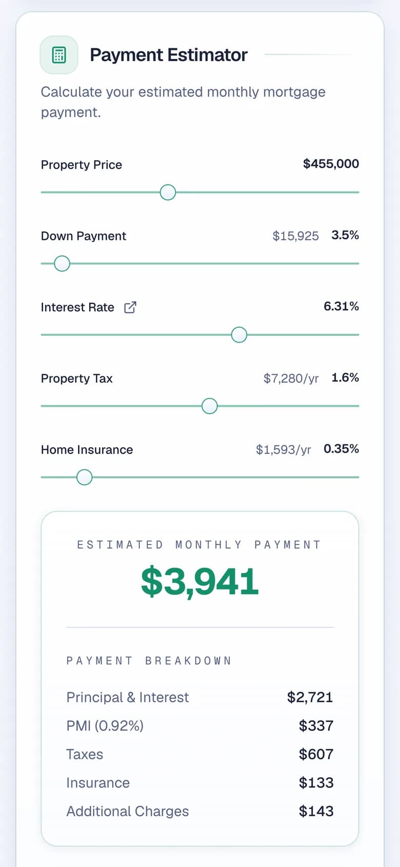 The payment calculator inside a published listing