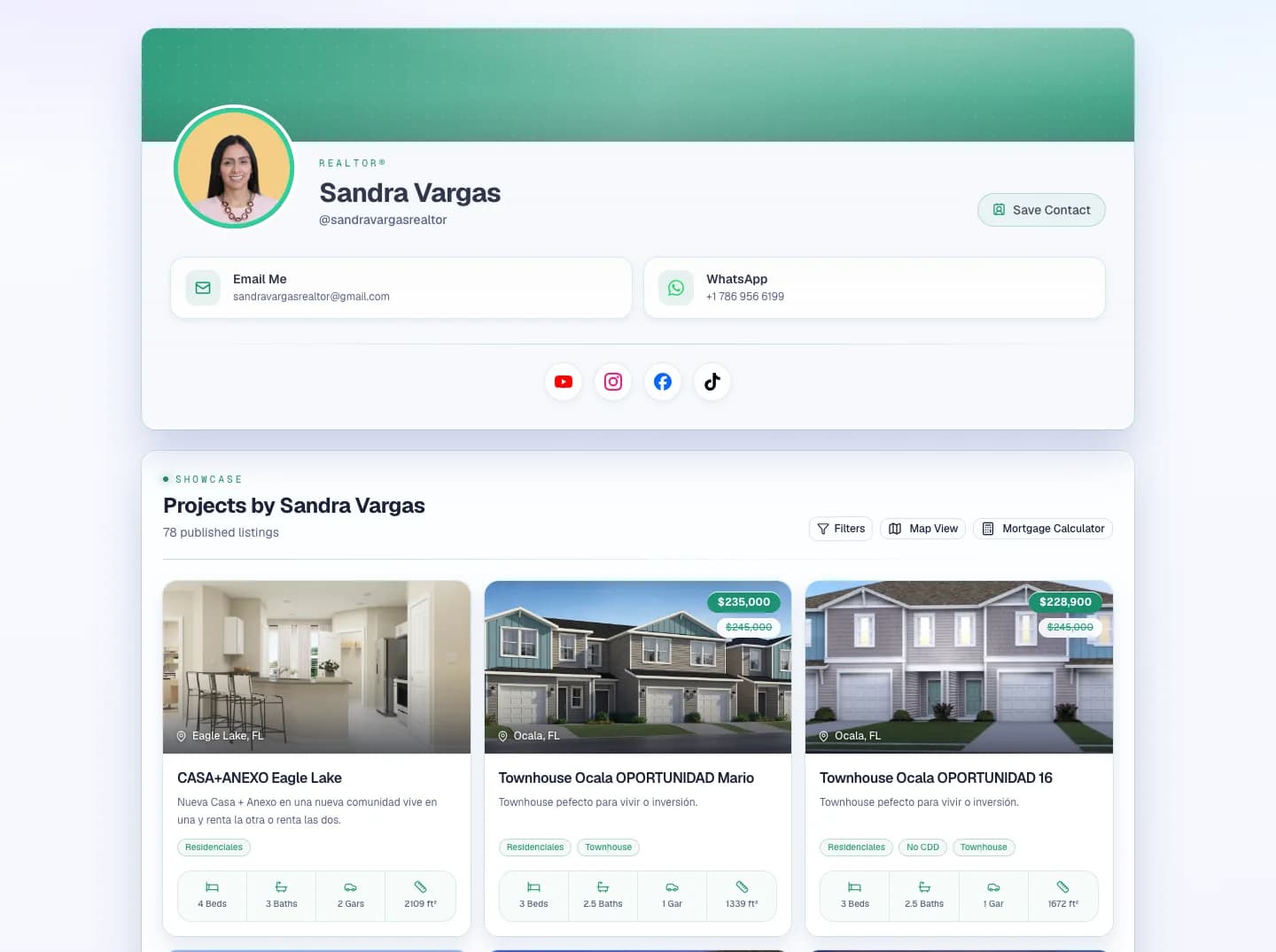 An agent's public profile: her photo, her contact options and her catalog of published listings